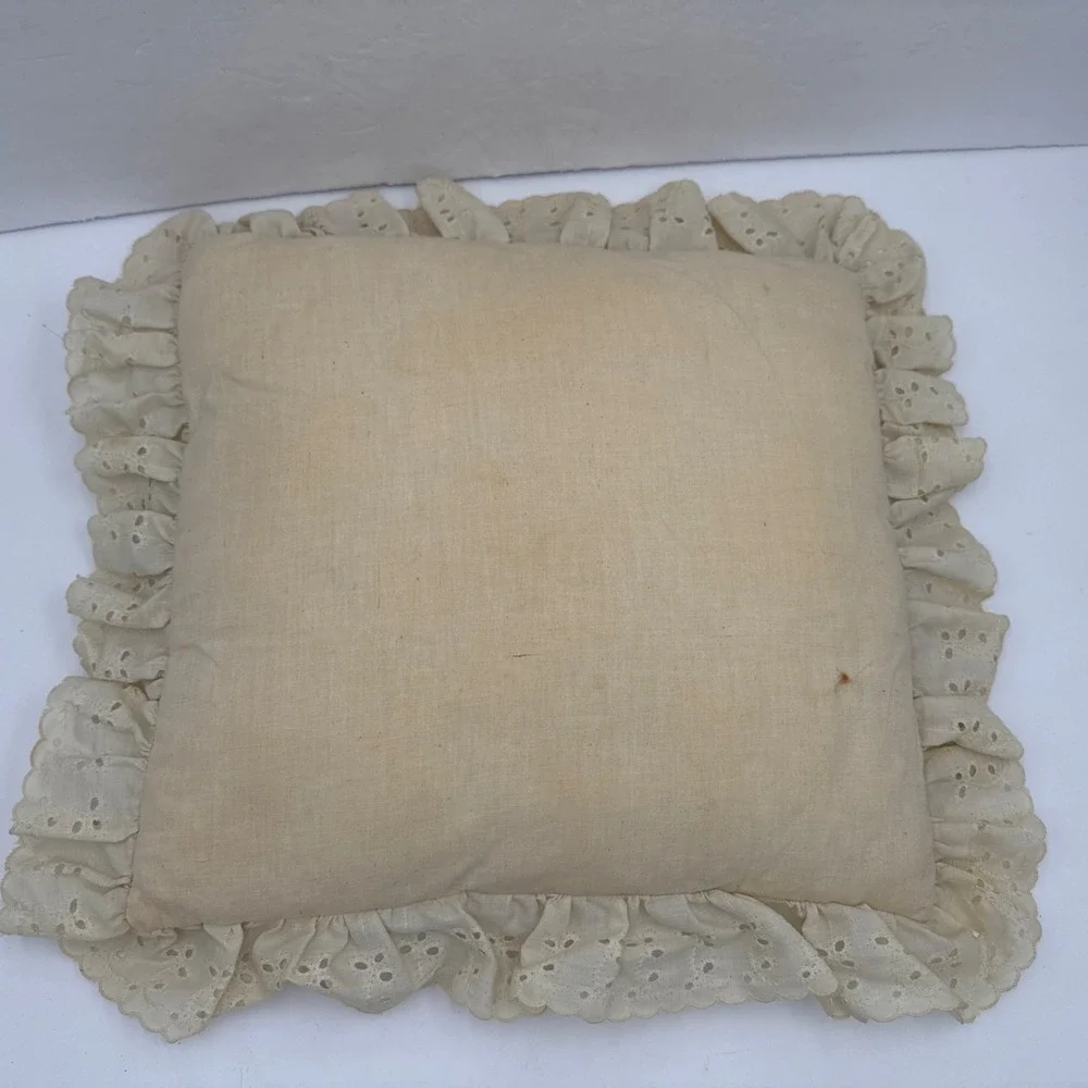 Vtg Accent Pillow Cottage Country Classic Handmade Embroidered & Eyelet Lace